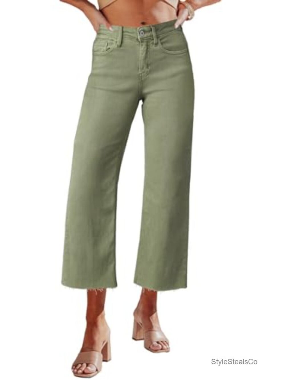 High Waisted Wide Leg Ripped Capri Jeans Stretch Denim